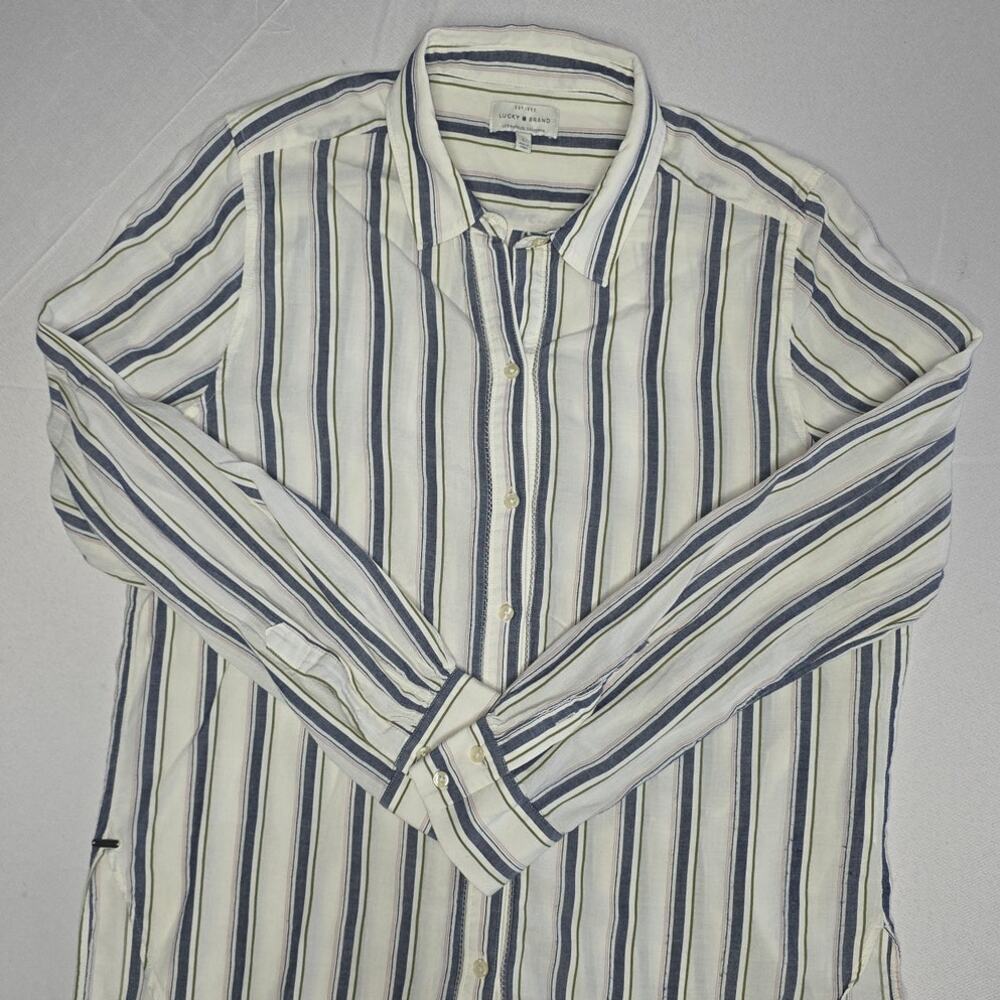 Lucky Brand Blouse Top Button Up Shirt Blue Striped Size L